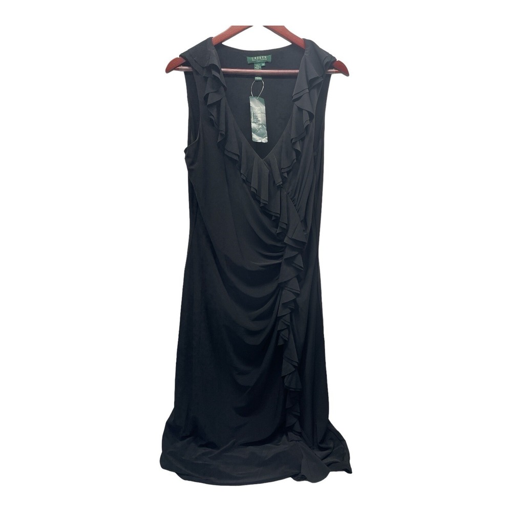 Ralph Lauren Women's 14 Knee Length Sleeveless Ruffle Black Dress MSRP $124